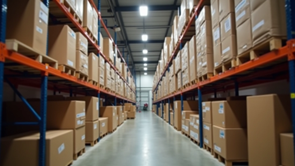 Stacked cases of bulk packing tape stored in warehouse shelving unit with inventory labels visible