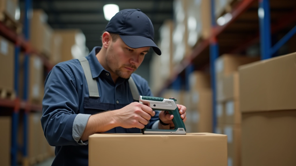 Worker demonstrating proper box sealing technique with tape dispenser, showing correct hand positioning and pressure application